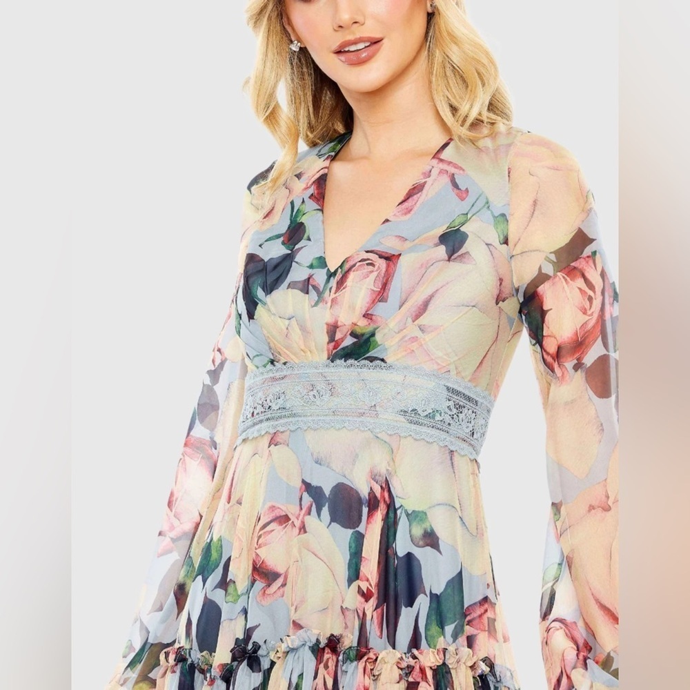 Mac Duggal Pastel Floral Maxi Dress with Lace Waist - Picture 4 of 7